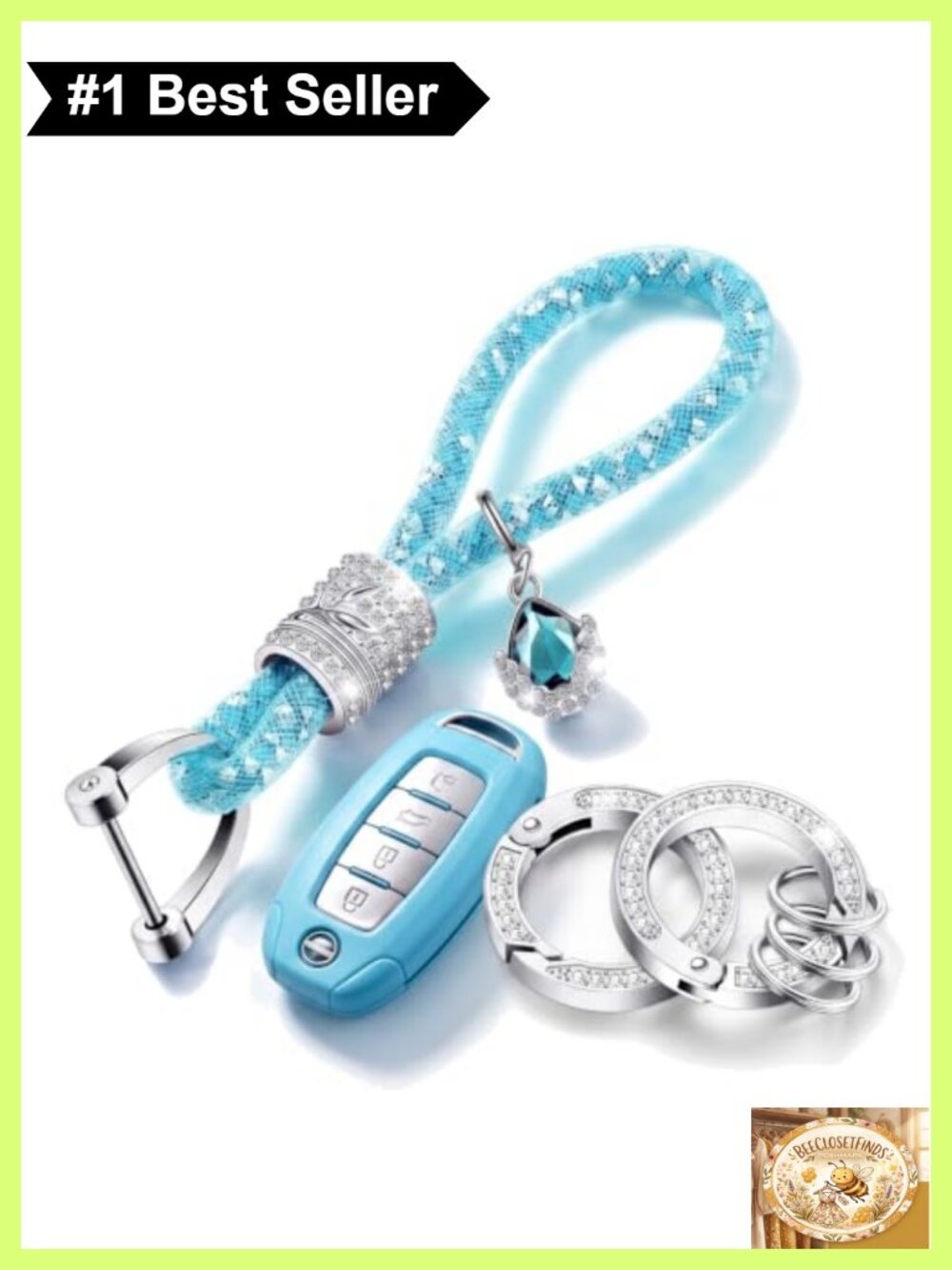 Bling Rhinestone Car Keychain Set Wristlet Strap Nylon Keyring DIY